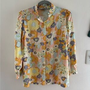 LOFT Multi Pastel Floral Ruffle Mock Neck Button Up NWT L